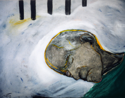 Am Totenbett<br>Portrait des Vaters<br><br>1999<br>Acryl / Leinen<br>100 x 130 cm